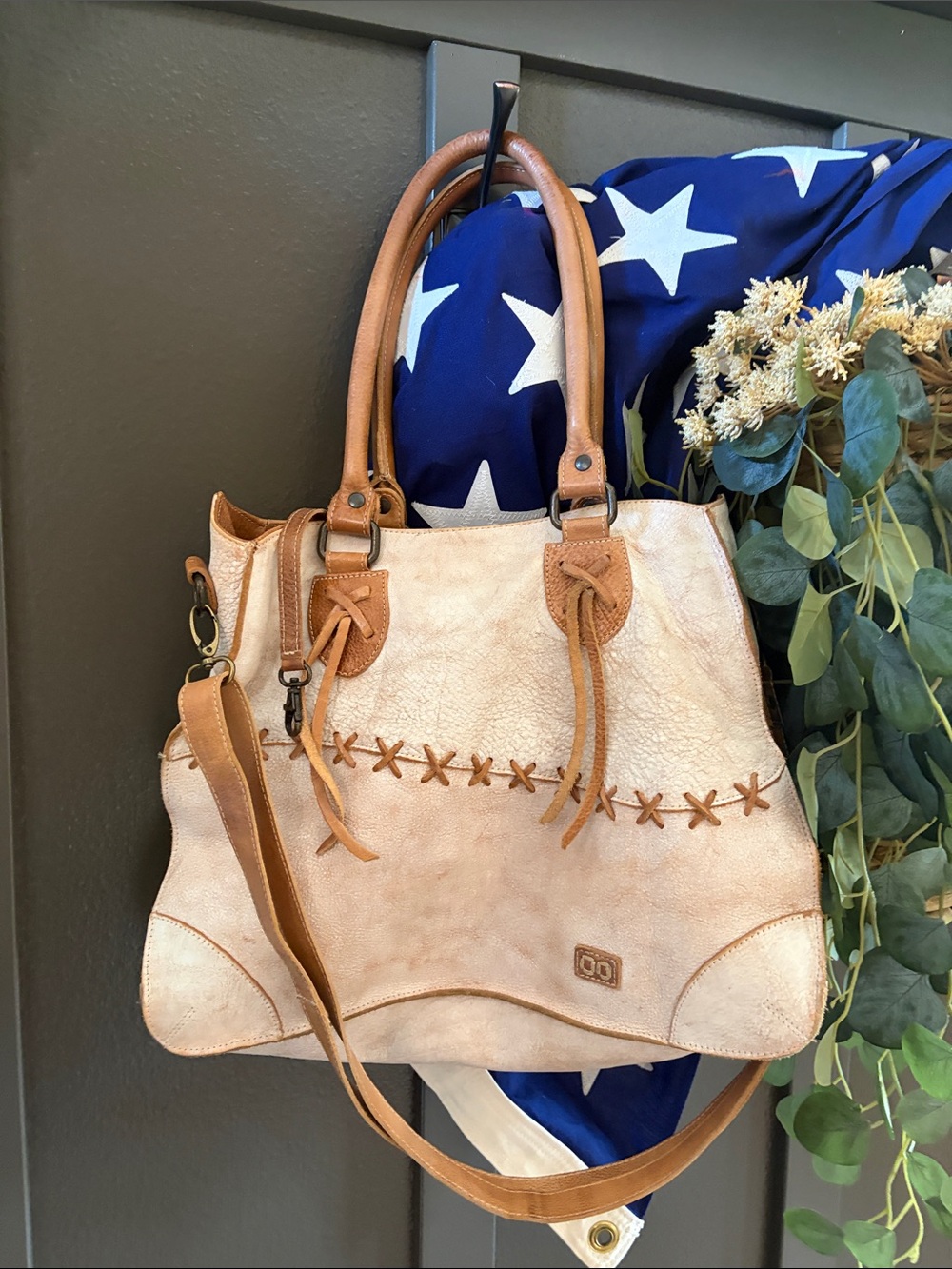 Bed Stu Rockaway Cream and Tan Leather Cross-Stitch Shoulder Bag